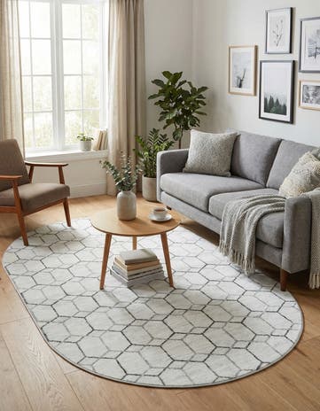 White Lattice Trellis Oval Rug
