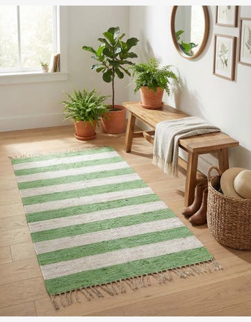 Green and Ivory Hand Woven Chindi Rag Rug