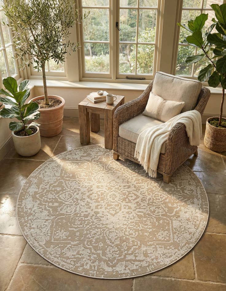 Detail image of 7' 10 x 7' 10  Washable Traditional Indoor / Outdoor Round Rug
