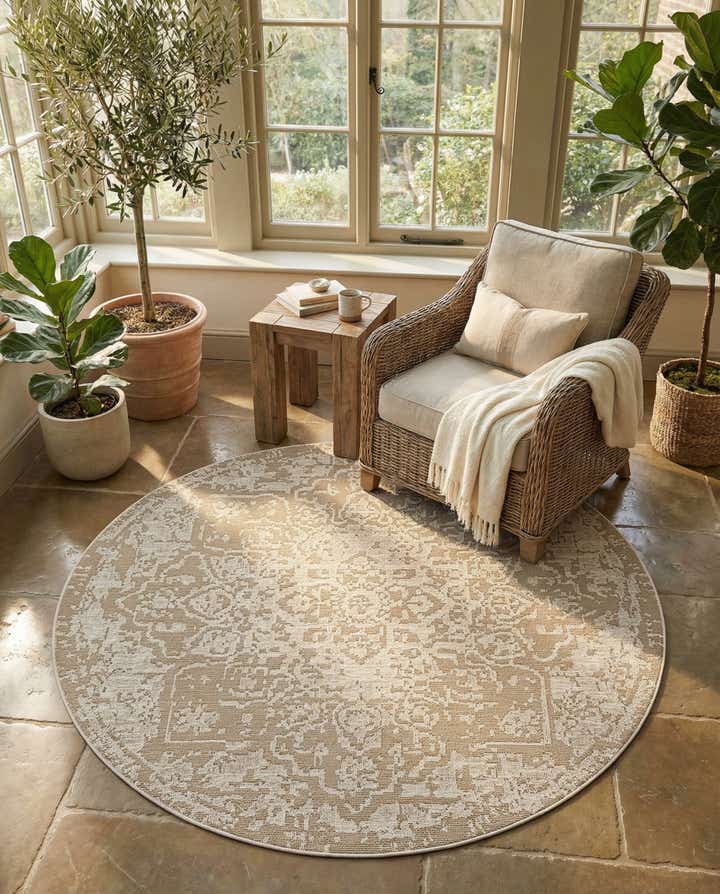 7' 10 x 7' 10 Easy-Clean Traditional Indoor / Outdoor Round Rug