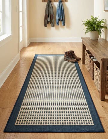Navy Blue Easy-Clean Border Indoor / Outdoor Runner Rug