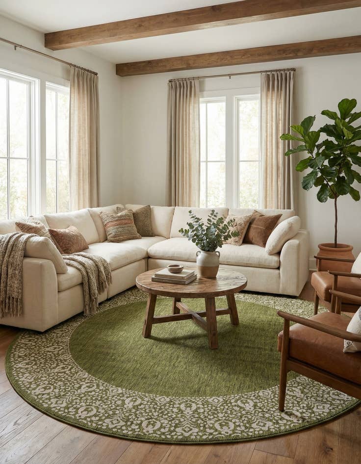 Detail image of 13' x 13'  Washable Border Indoor / Outdoor Round Rug