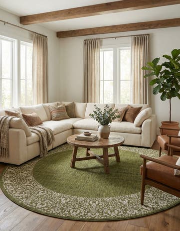 Green Easy-Clean Border Indoor / Outdoor Round Rug