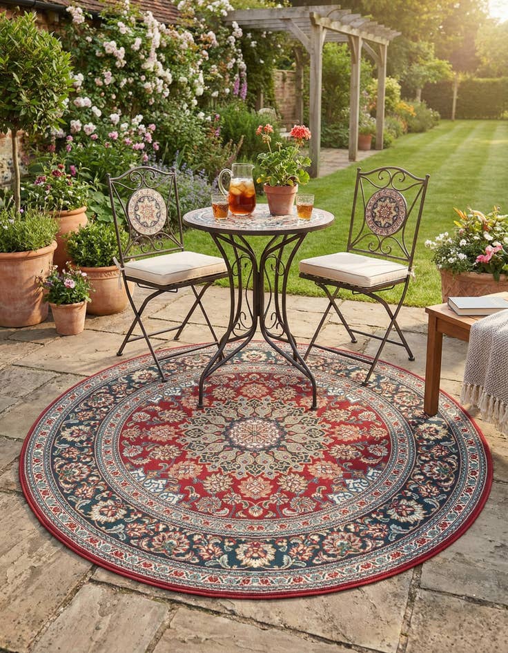 Detail image of 6' 1 x 6' 1  Washable Traditional Indoor / Outdoor Round Rug