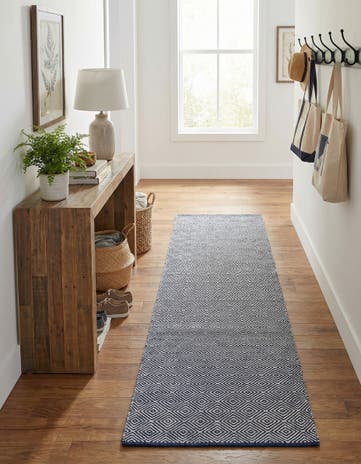 Navy Blue Hand Woven Geo Trellis Flatweave Runner Rug