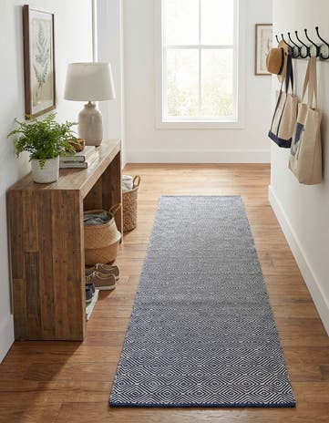 Navy Blue Hand Woven Geo Trellis Flatweave Runner Rug