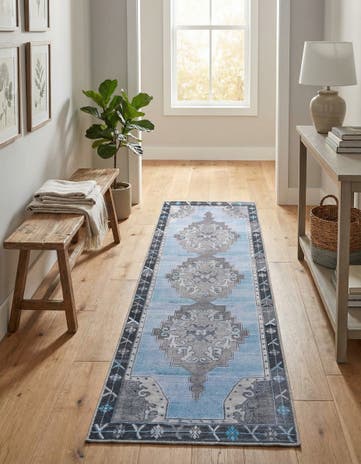 Blue Gray Washable Timeless Runner Rug