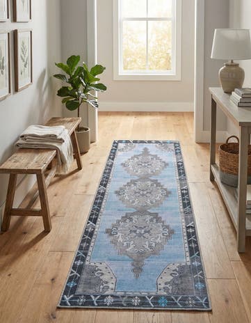 Blue Gray Washable Timeless Runner Rug