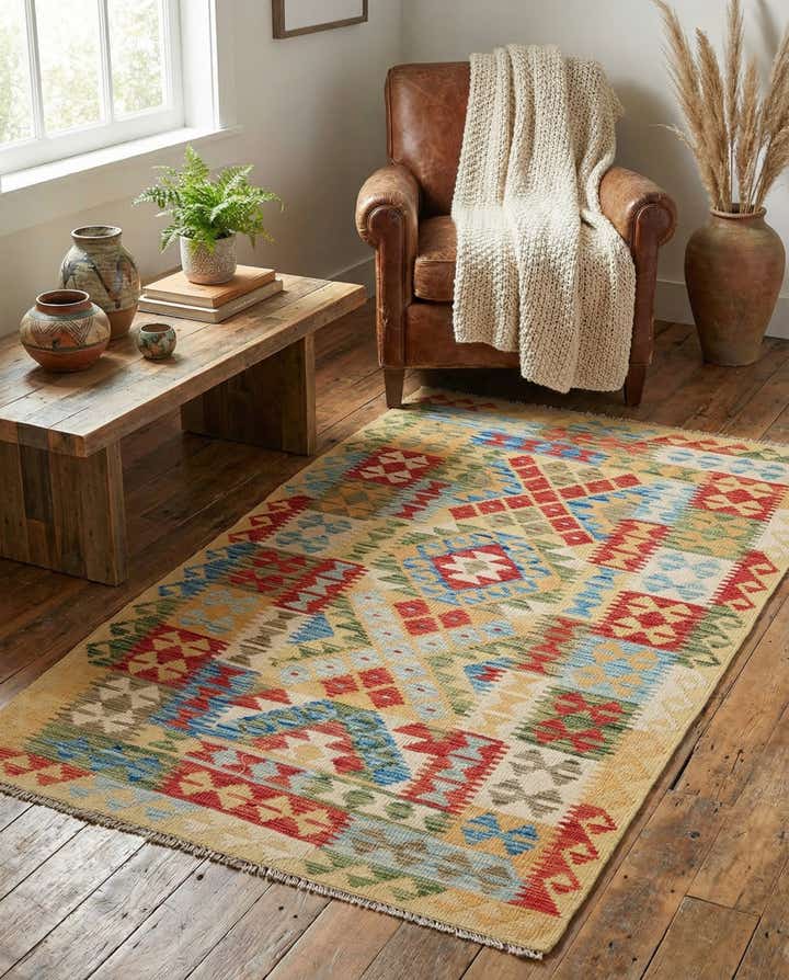3' 6 x 6' 5 Hand Woven Kilim Maymana Wool Rug