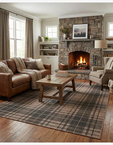 Black and Brown Easy-Clean Checkered Indoor / Outdoor Rug