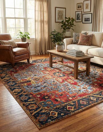 Rust Red and Blue Easy-Clean Traditional Indoor / Outdoor Square Rug