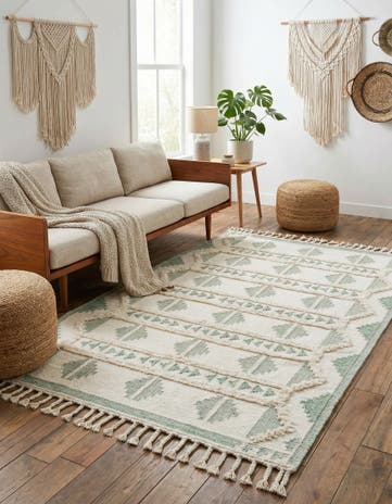 Aquamarine and White Hand Woven Arizona Wool Rug
