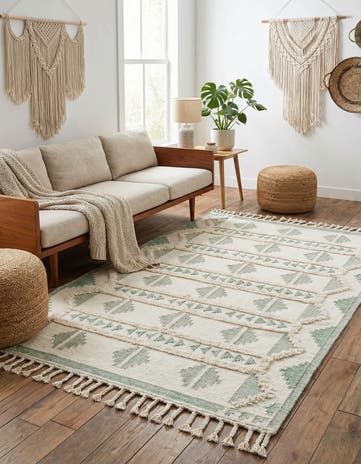 Aquamarine and White Hand Woven Arizona Wool Rug