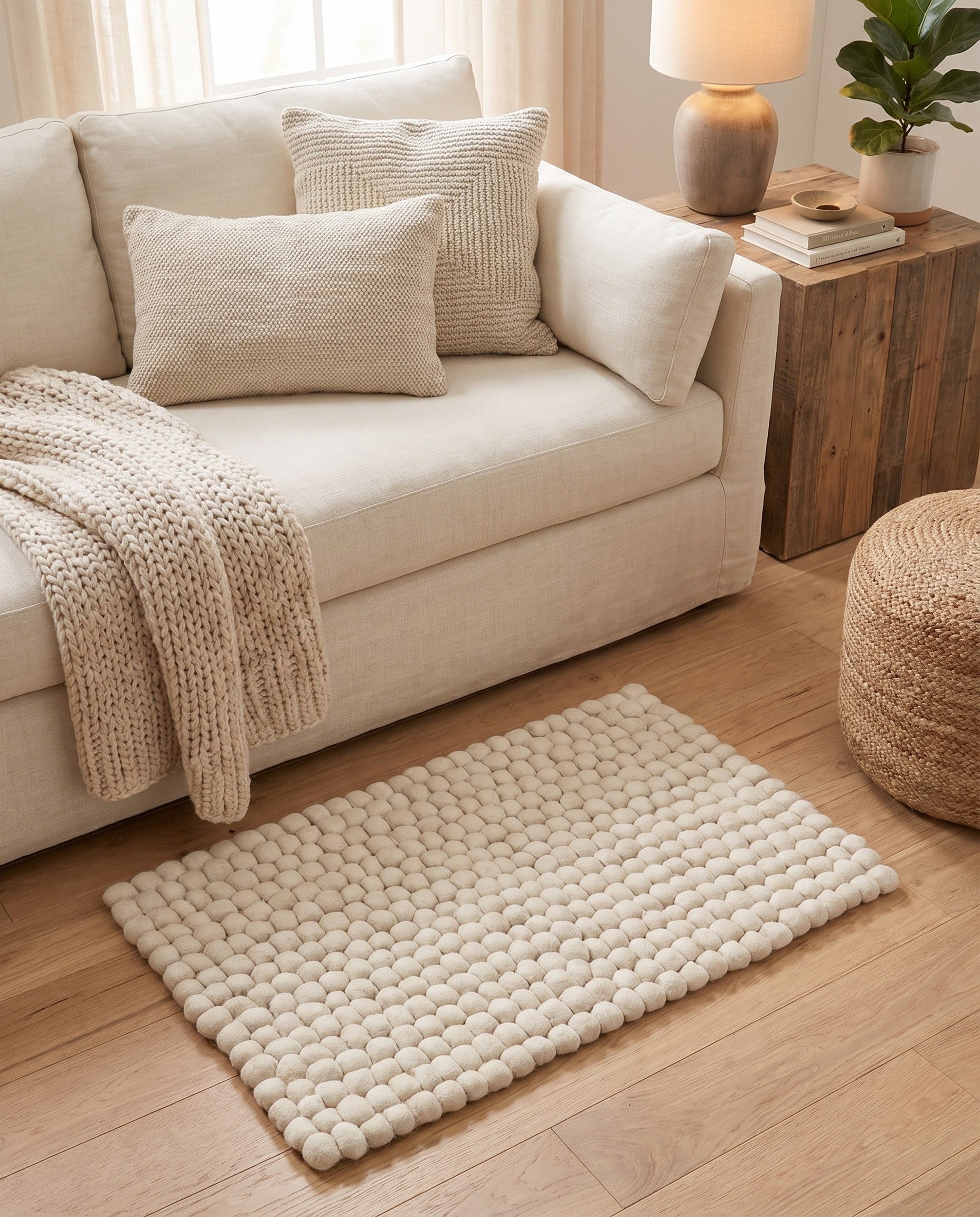 2' x 3' 1 Hand Woven Felt Ball Wool Rug