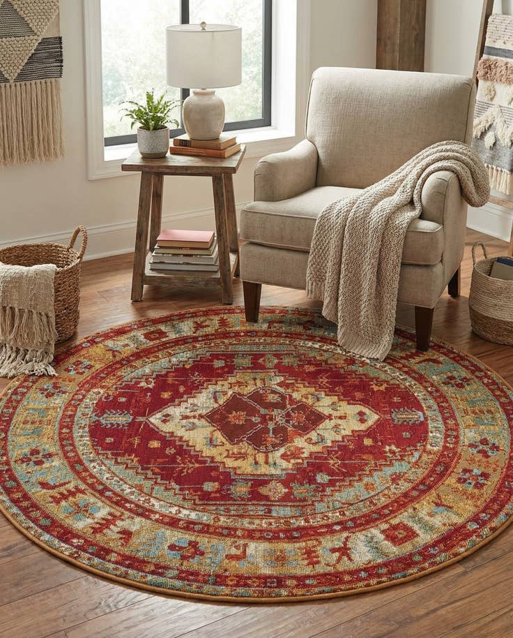 Detail image of 4' x 4' Easy-Clean Traditional Indoor / Outdoor Round Rug