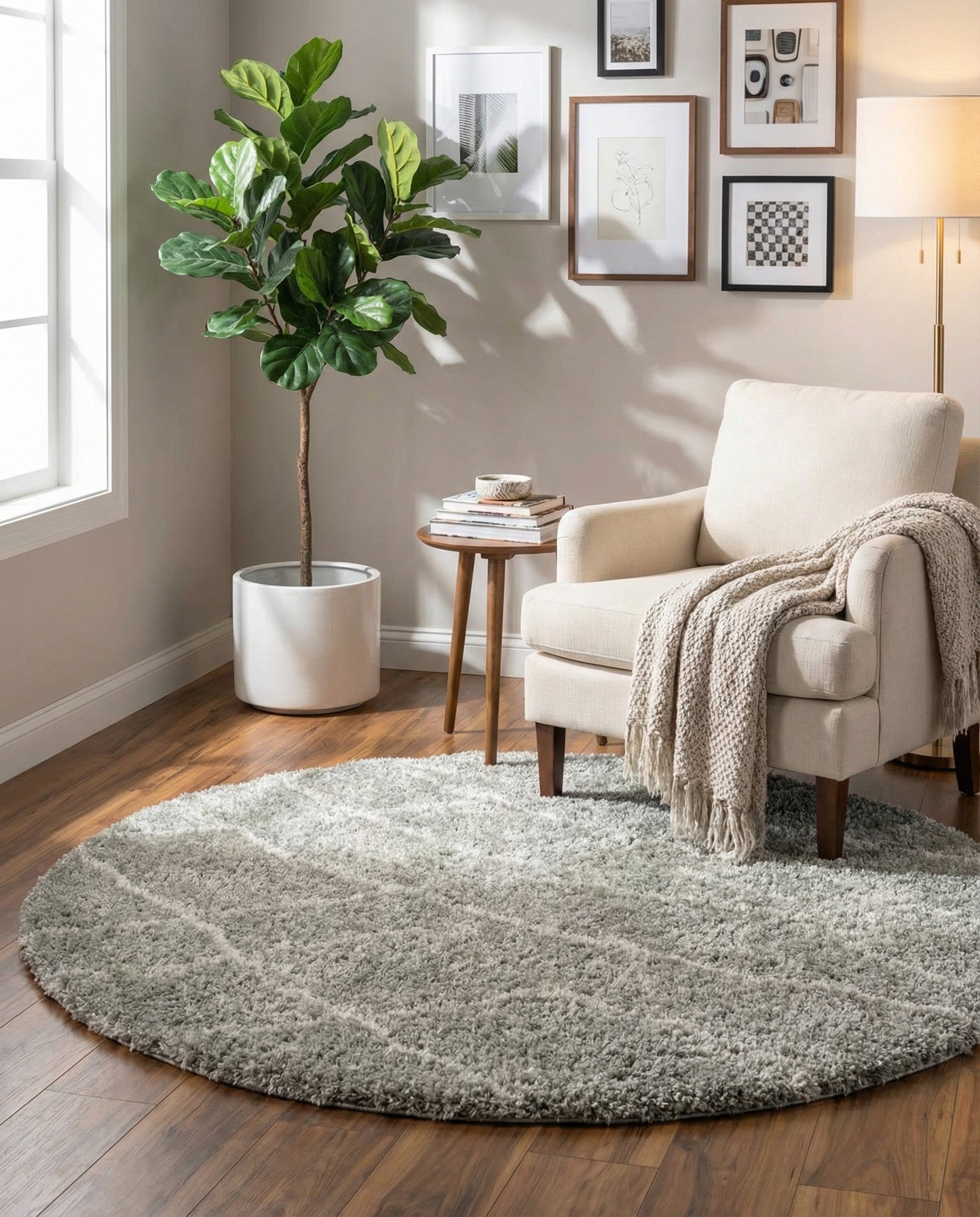 A 6' round gray shag rug with a subtle off-white diamond lattice pattern, suitable for a modern living room.