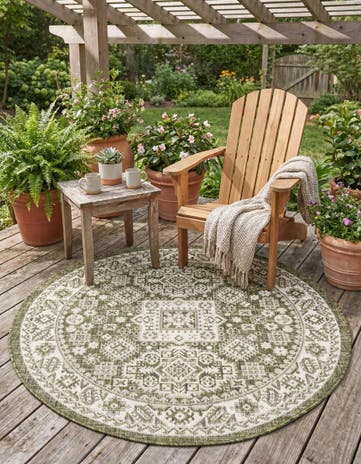 Green Easy-Clean Aztec Indoor / Outdoor Round Rug