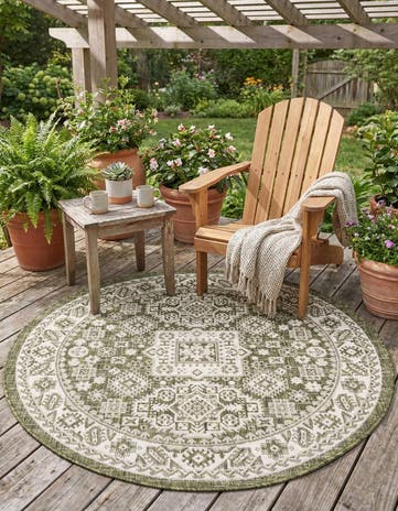 Green Easy-Clean Aztec Indoor / Outdoor Round Rug