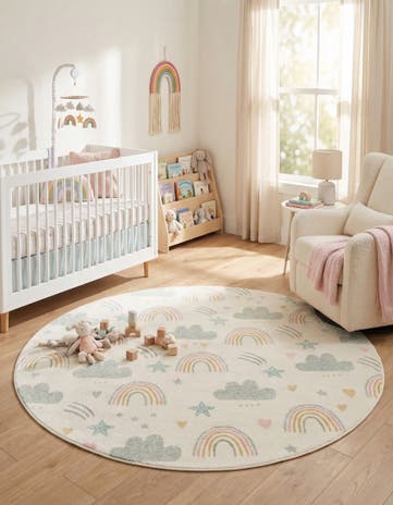 7' 10 x 7' 10 Clouds and Rainbows Whimsy Kids Round Rug