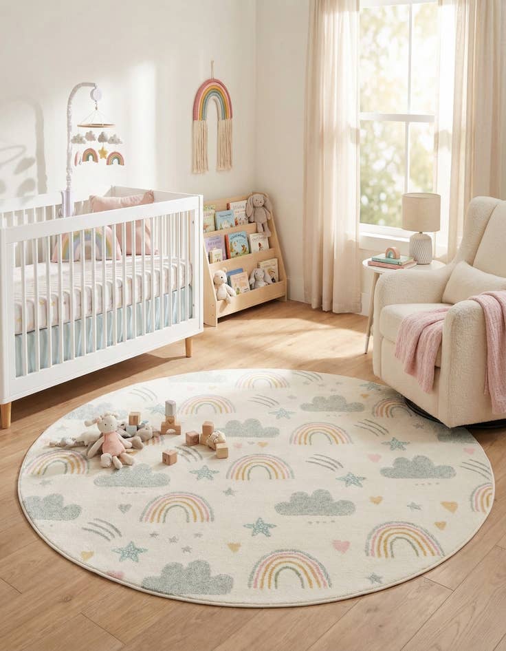 Detail image of 7' 10 x 7' 10 Clouds and Rainbows Whimsy Kids Round Rug