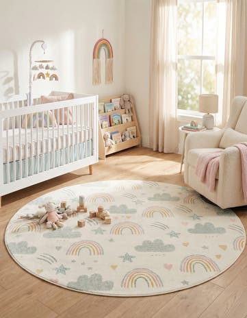 7' 10 x 7' 10 Clouds and Rainbows Whimsy Kids Round Rug