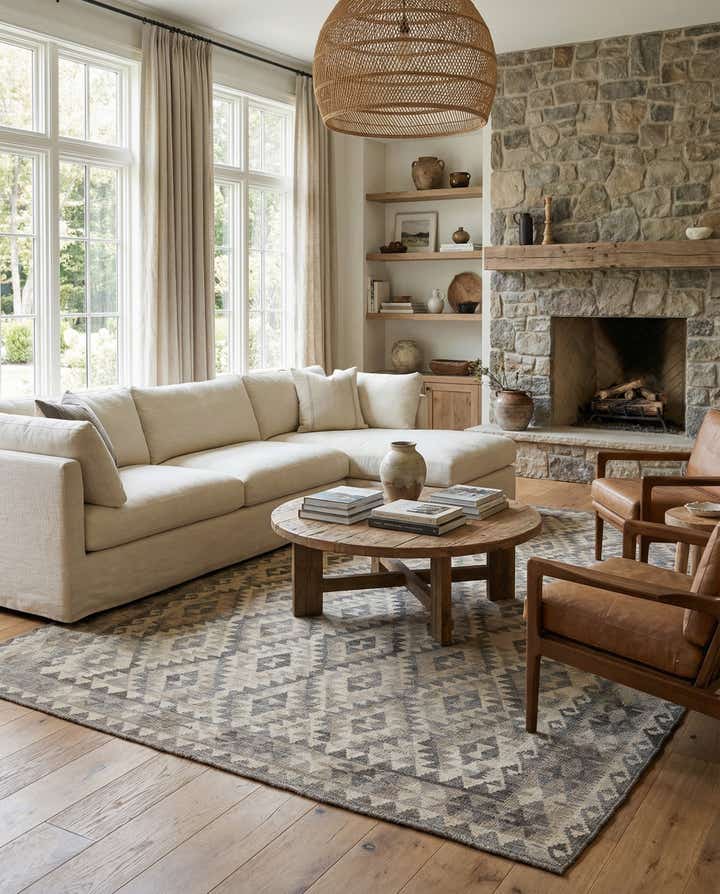 7' x 9' 6 Hand Woven Kilim Maymana Wool Rug