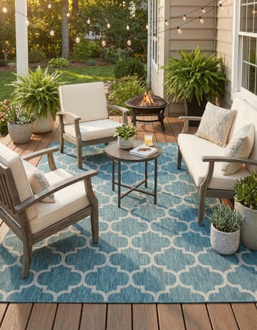 Teal Easy-Clean Trellis Indoor / Outdoor Rug