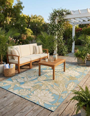 Soft Blue Easy-Clean Botanical Indoor / Outdoor Rug