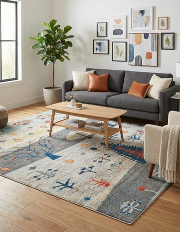 Ivory Gray Blue Washable Vivid Square Rug
