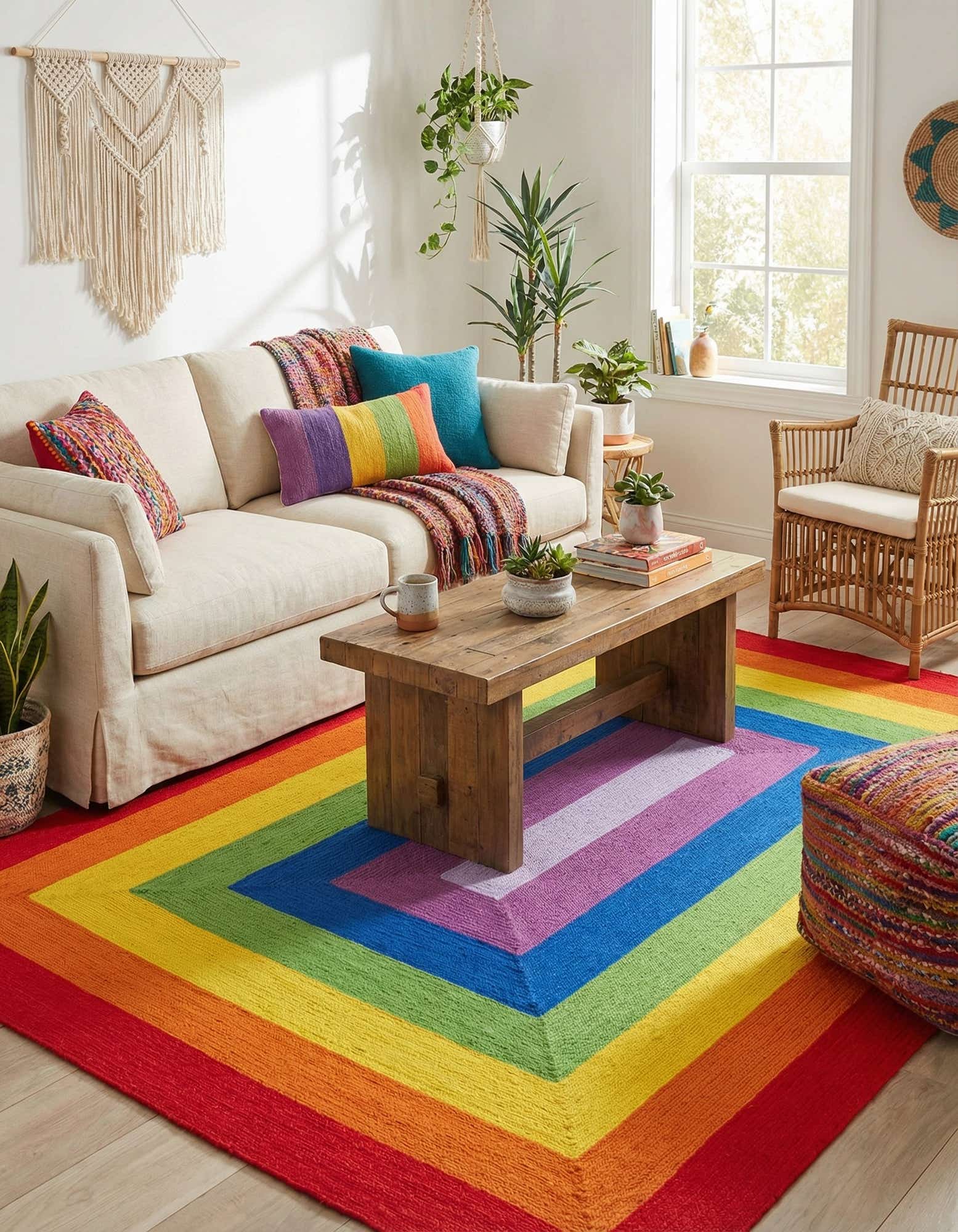 10' x 14' 1 Handmade Hand Braided Rainbow Wool Rug