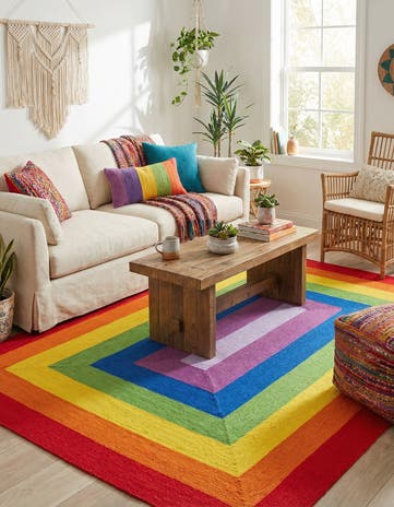 10' x 14' 1 Handmade Hand Braided Rainbow Wool Rug