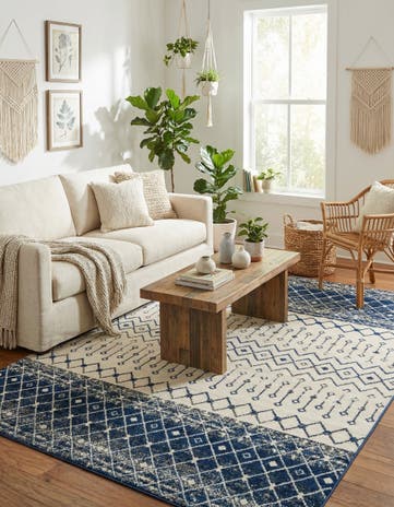 Ivory Navy Blue Moroccan Trellis Rug
