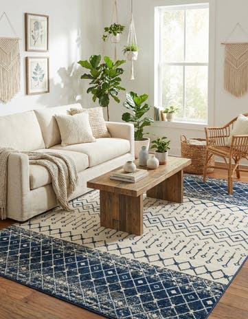 Ivory Navy Blue Moroccan Trellis Rug