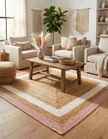 Pink White Natural Handmade Braided Jute Square Rug