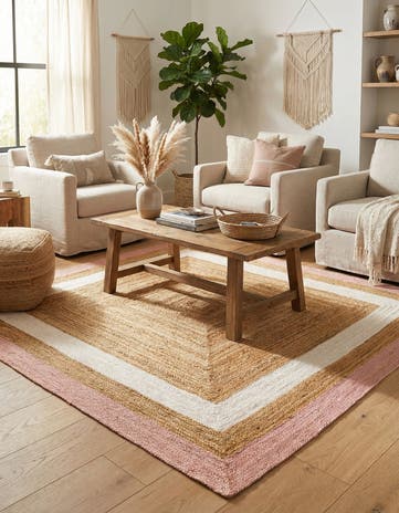 Pink White Natural Handmade Braided Jute Square Rug