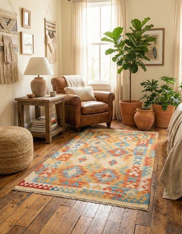 3' 6 x 6' 5 Hand Woven Kilim Maymana Wool Rug