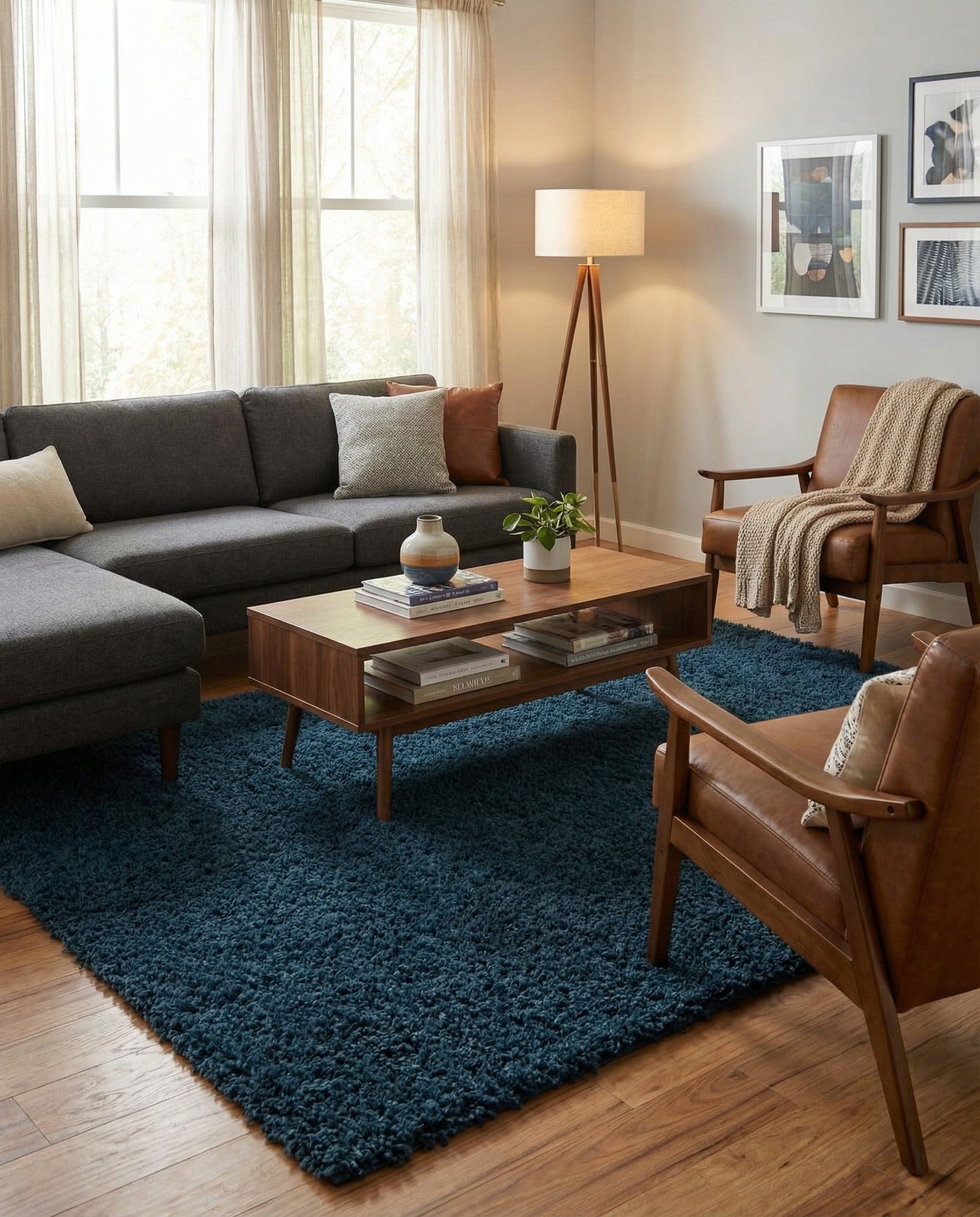 A large 10x14 rectangular solid navy blue shag rug, offering a plush and cozy texture.