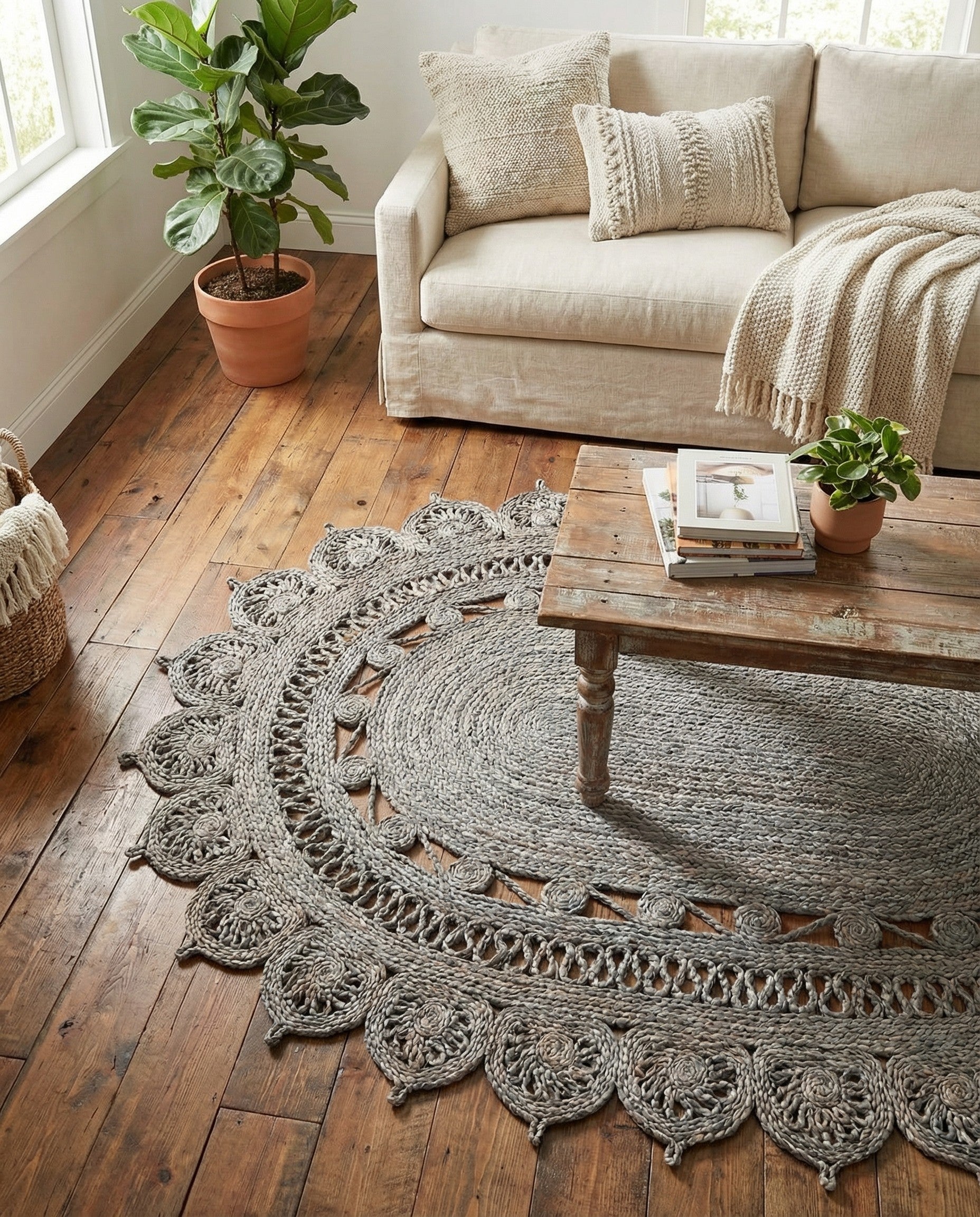 A 3' 1 x 5' 1 oval gray jute rug with a braided texture and decorative scalloped border.