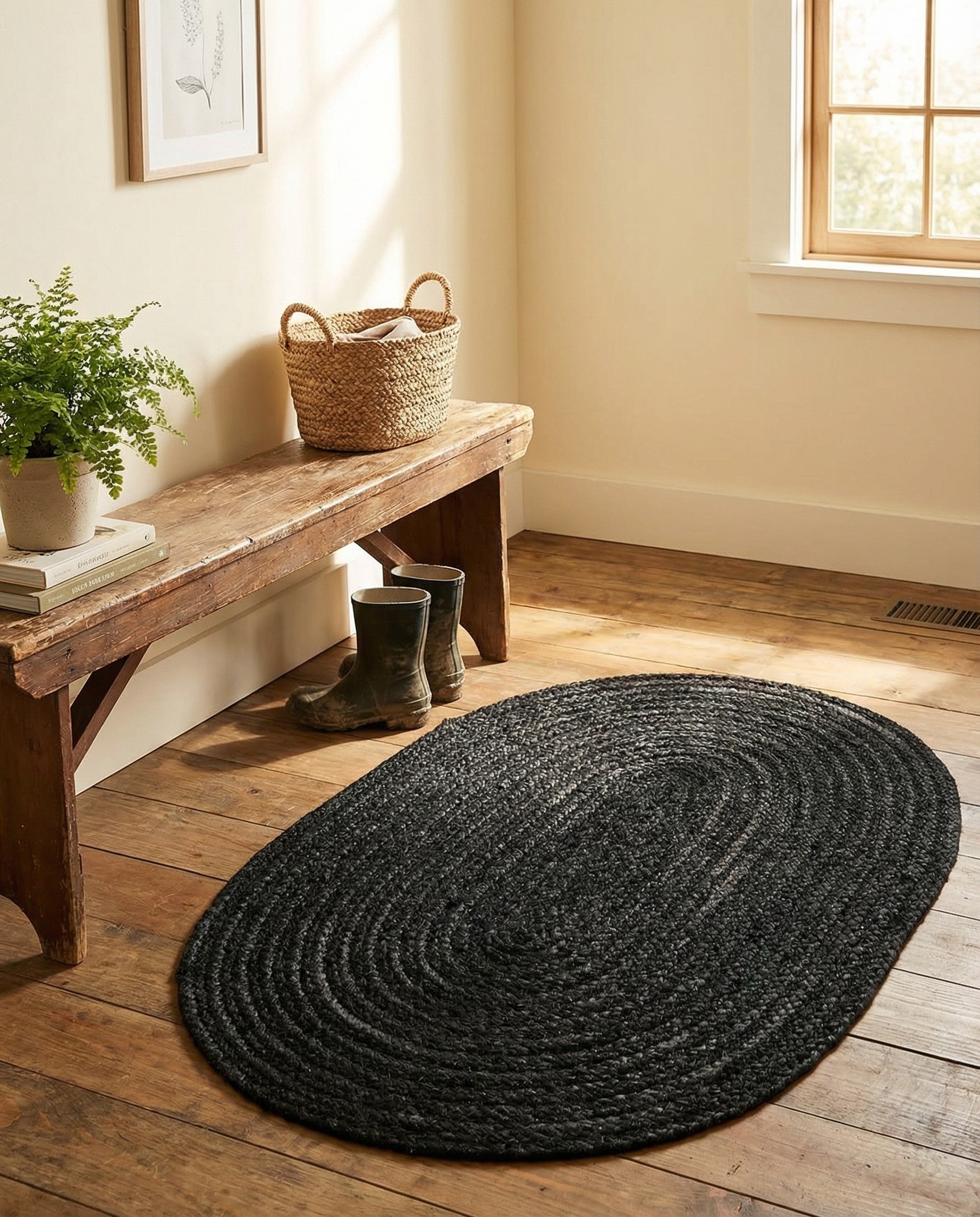 A 2' 2 x 3' 1 oval black braided jute rug with a textured, flatweave surface, suitable for various indoor spaces.