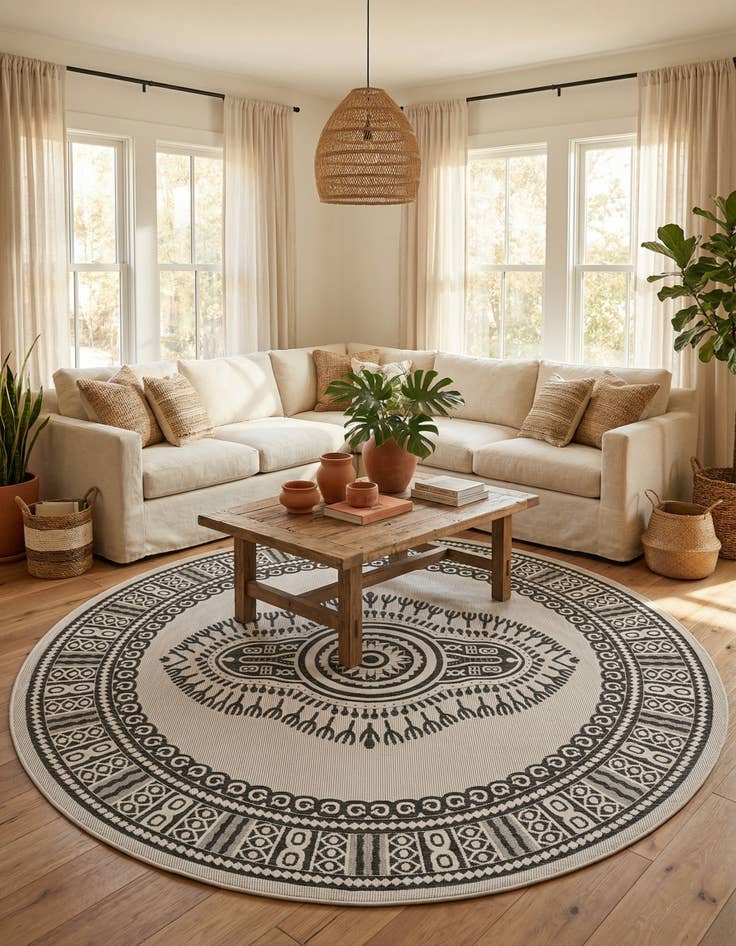 Detail image of 12' x 12'  Washable Traditional Indoor / Outdoor Round Rug