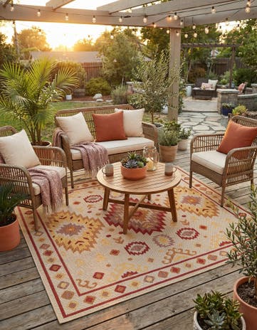 Beige and Rust Red Easy-Clean Baja Indoor / Outdoor Square Rug