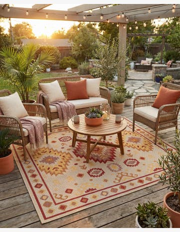 Beige and Rust Red Easy-Clean Baja Indoor / Outdoor Square Rug