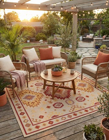 Beige and Rust Red Easy-Clean Baja Indoor / Outdoor Square Rug
