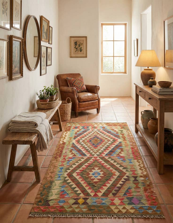 Detail image of 3' 2 x 6'  Hand Woven Kilim Maymana Wool Runner Rug