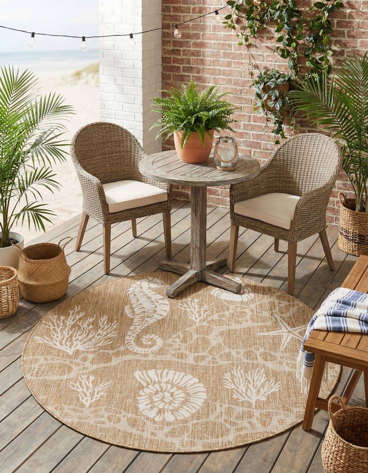 Detail image of 5' 3 x 5' 3  Washable Coastal Indoor / Outdoor Round Rug