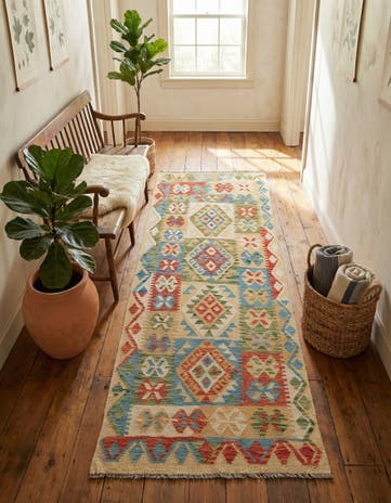 3' 4 x 6' 8 Hand Woven Kilim Maymana Wool Runner Rug