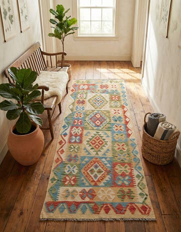 3' 4 x 6' 8 Hand Woven Kilim Maymana Wool Runner Rug