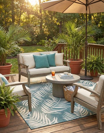 Teal Easy-Clean Botanical Indoor / Outdoor Square Rug