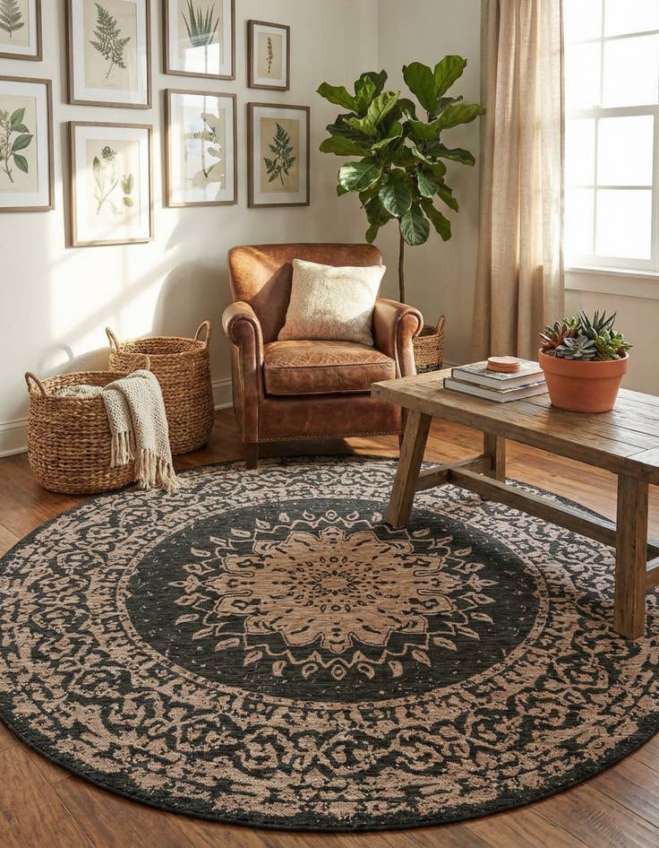 Detail image of 7' 10 x 7' 10  Washable Traditional Indoor / Outdoor Round Rug