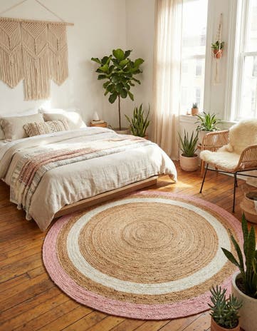 Pink White Natural Handmade Braided Jute Round Rug